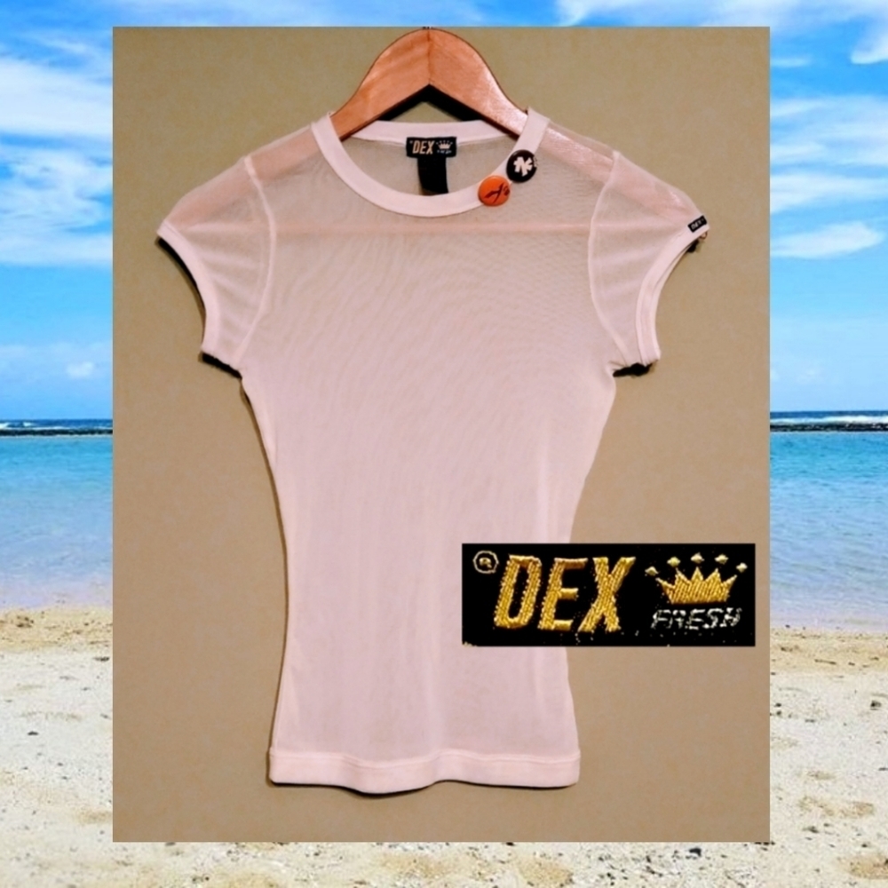 DESIGNER DEX FRESH 👑 mesh t-shirt with logo buttons ladies xs DEADSTOCK NWOT